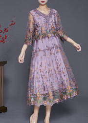 Vintage Purple Embroidered Cinched Tulle Long Dress Bracelet Sleeve