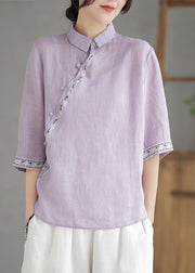 Vintage Purple Embroidered Linen Shirt Half Sleeve