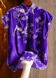 Vintage Purple Embroidered Nail Bead Button Silk Velour Shirt Short Sleeve