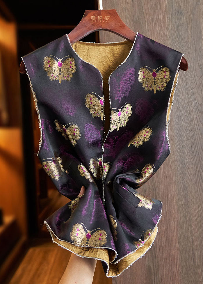 Vintage Purple Embroidered Nail Bead Silk Waistcoat Fall