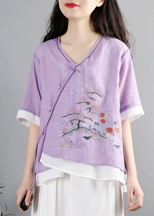 Vintage Purple Embroidered Patchwork Cotton Blouses Summer