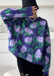 Vintage Purple Floral Knit Sweaters Winter