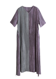 Vintage Purple Grey Patchwork V Neck  Pockets wrinkled Tie Waist Linen Dress Half Sleeve