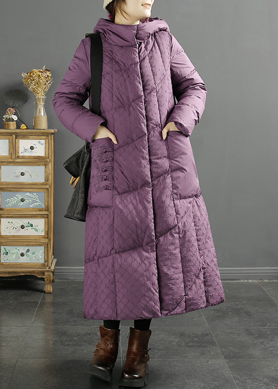 Vintage Purple Hooded Pockets Jacquard Duck Down Puffer Coats Winter