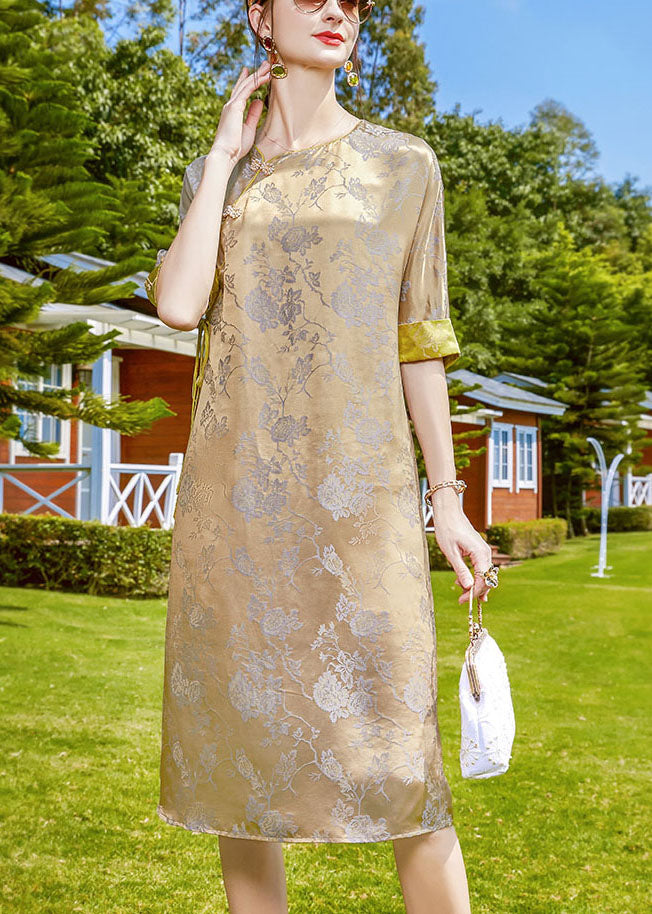 Vintage Purple Jacquard O-Neck Print Silk Chinese Style Dress Half Sleeve