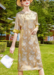Vintage Lila Jacquard O-Neck Print Seide Kleid im chinesischen Stil Halbarm