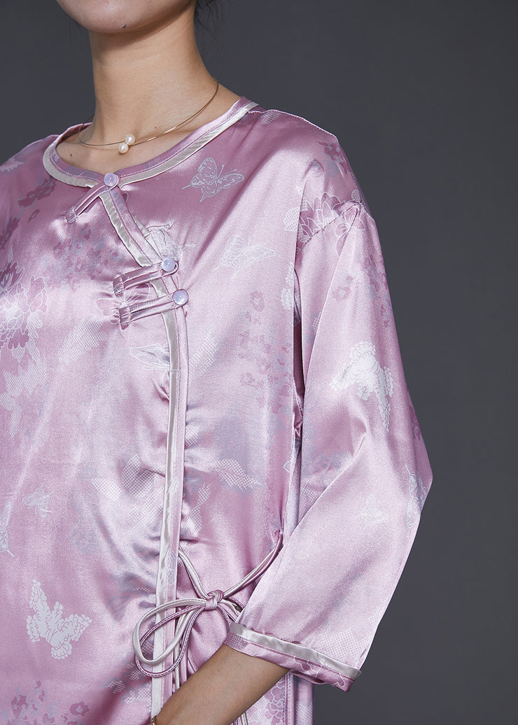 Vintage Purple Jacquard Oriental Silk Maxi Dresses Bracelet Sleeve
