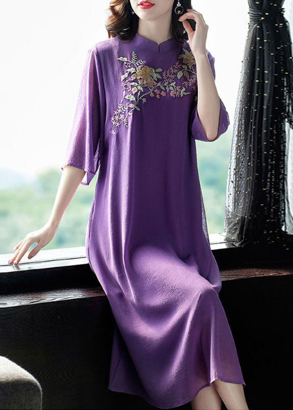 Vintage Purple Mandarin Collar Embroidered Silk Long Dress Summer