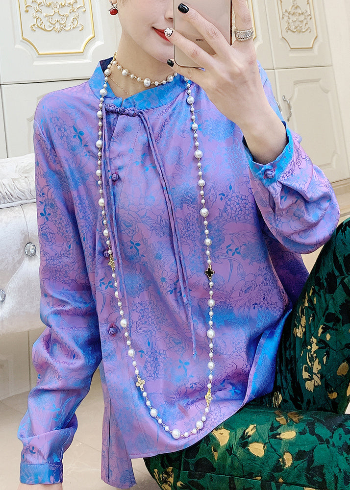 Vintage Purple Mandarin Collar Print Button Silk Shirt Top Spring