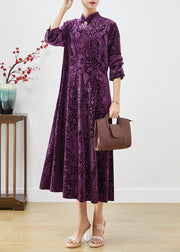 Vintage Purple Mandarin Collar Print Silk Velour Dresses Fall