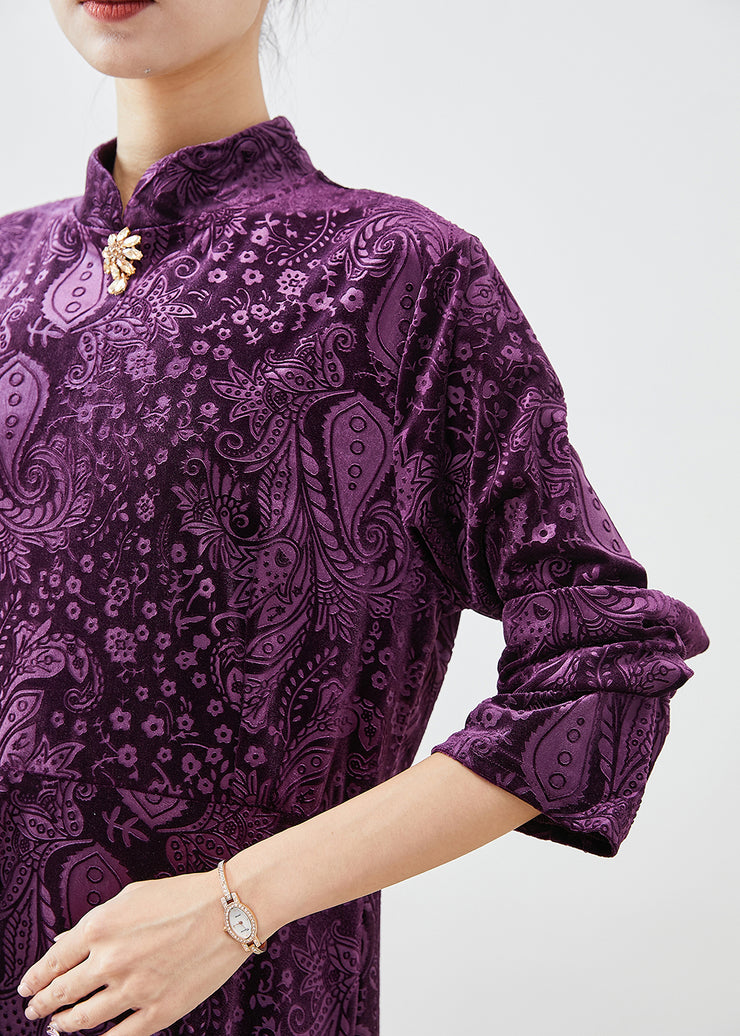 Vintage Purple Mandarin Collar Print Silk Velour Dresses Fall