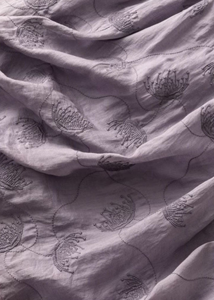 Vintage Purple O-Neck Embroideried Patchwork Linen Dress Summer