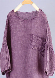 Vintage Purple O Neck Patchwork Linen Top Summer