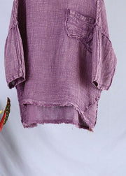 Vintage Purple O Neck Patchwork Linen Top Summer