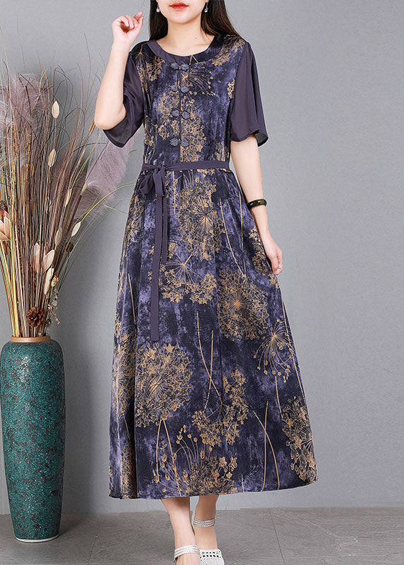 Vintage Purple O-Neck Patchwork Tie Waist Print Silk Long Dress Short Sleeve