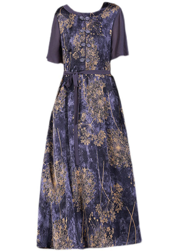 Vintage Purple O-Neck Patchwork Tie Waist Print Silk Long Dress Short Sleeve
