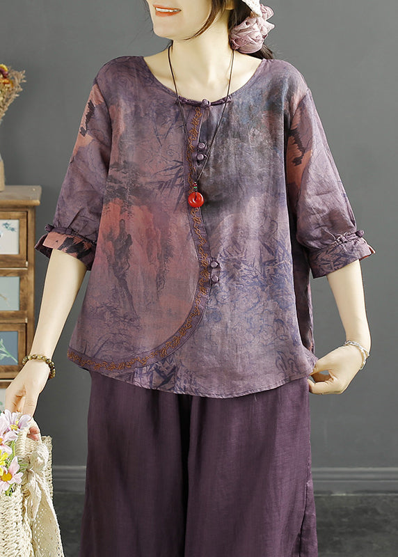Vintage Purple O Neck Print Chinese Button Linen Blouse Tops Half Sleeve