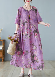 Vintage Purple O-Neck Print Maxi Dress Summer