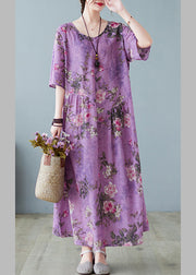 Vintage Purple O-Neck Print Maxi Dress Summer
