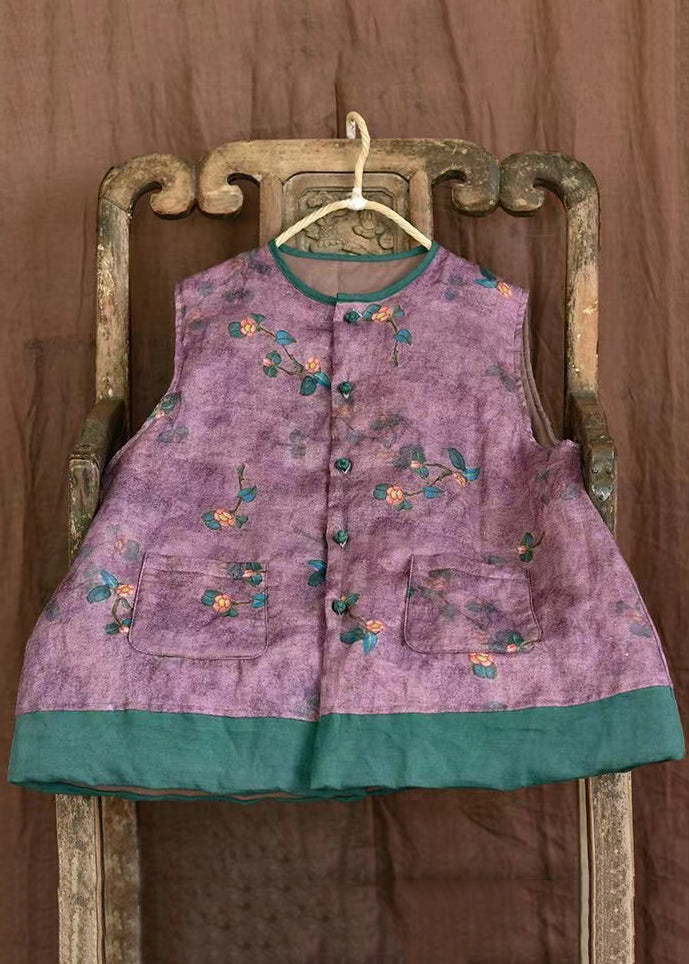 Vintage Purple O-Neck Print Pockets Fine Cotton Filled Vest Sleeveless