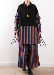 Vintage Purple Peter Pan Collar Striped Shirts And Pants Two Pieces Set Winter