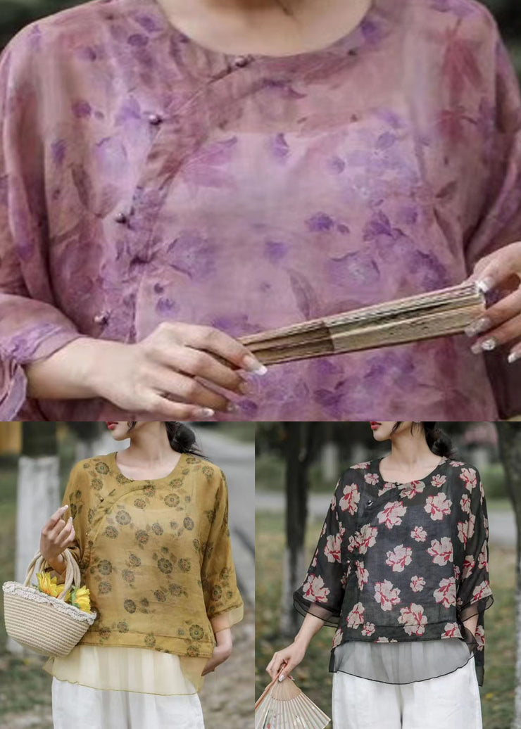 Vintage Purple Print Chinese Button Patchwork Linen Top Summer