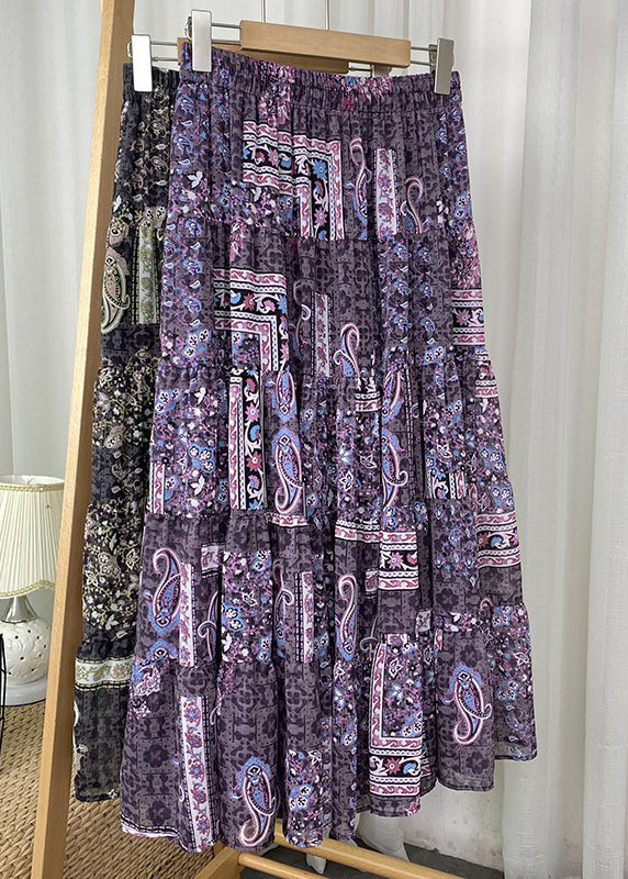 Vintage Purple Print High Waist Draping A Line Skirts Spring