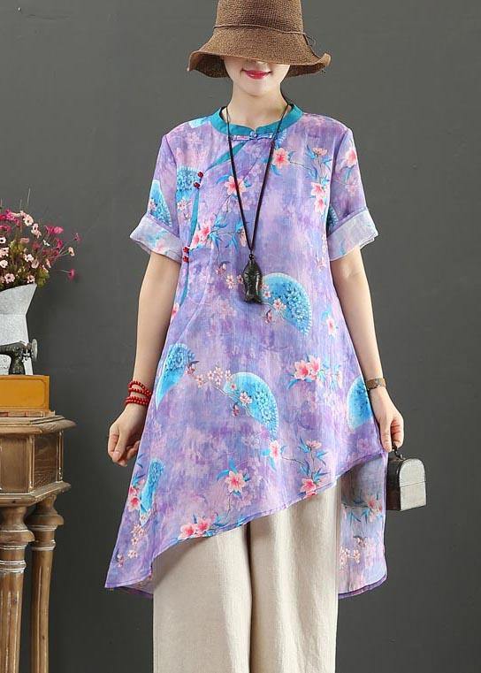Vintage Purple Print Linen asymmetrical design Shirt Summer - SooLinen