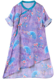 Vintage Purple Print Linen asymmetrical design Shirt Summer - SooLinen