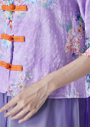 Vintage Purple Print Patchwork Chinese Button Linen Top Half Sleeve