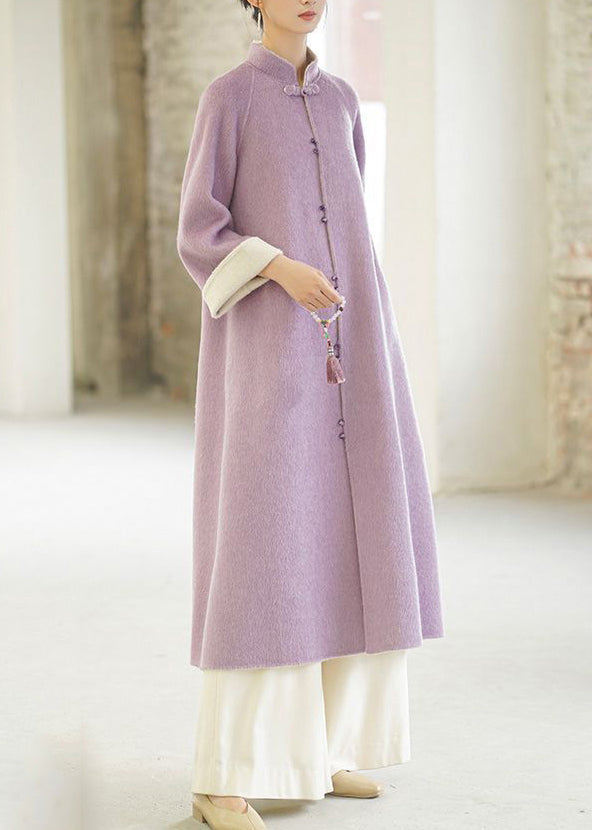 Vintage Purple Stand Collar Pockets Button Woolen Coats Winter