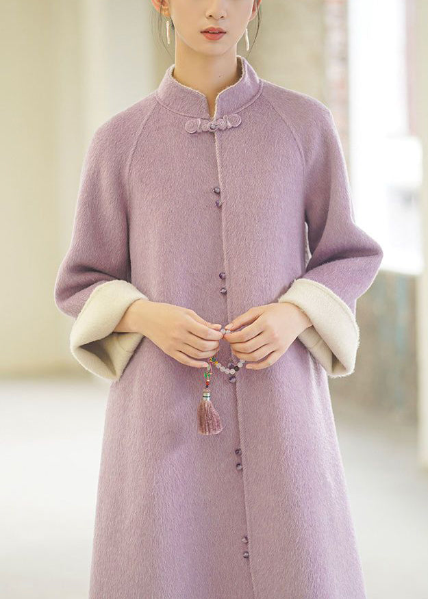 Vintage Purple Stand Collar Pockets Button Woolen Coats Winter