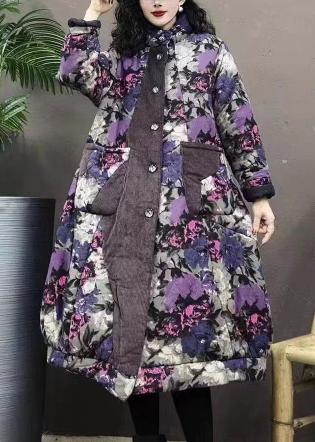 Vintage Purple Stand Collar Pockets Print Patchwork Warm Fleece Coat Winter