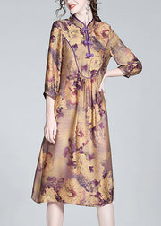 Vintage Purple Stand Collar Print Button Long Dress Spring