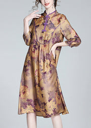 Vintage Purple Stand Collar Print Button Long Dress Spring