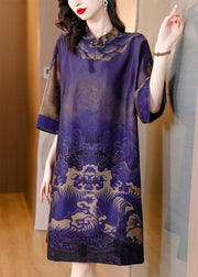 Vintage Purple Stand Collar Print Patchwork Silk Mid Dress Summer