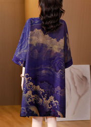 Vintage Purple Stand Collar Print Patchwork Silk Mid Dress Summer