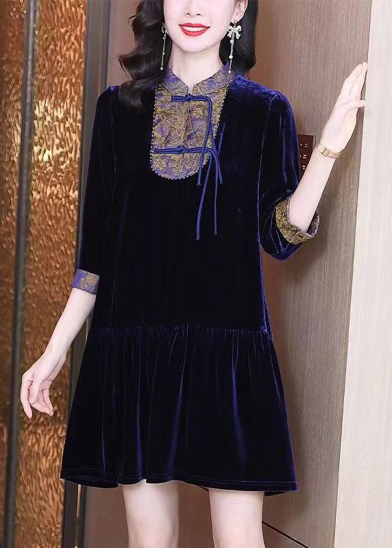 Vintage Purple Stand Collar Tasseled Patchwork Velour Mid Dress Fall