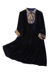 Vintage Purple Stand Collar Tasseled Patchwork Velour Mid Dress Fall