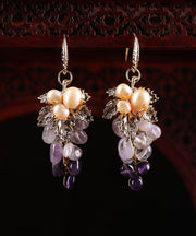 Vintage Purple Sterling Silver Crystal Pearl Grape Drop Earrings