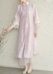 Vintage Purple Tasseled Chinese Button Lace Patchwork Silk Dress Fall