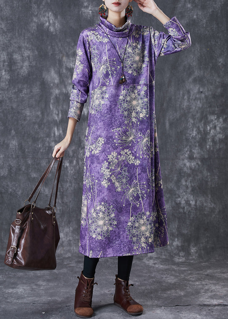 Vintage Purple Turtle Neck Print Warm Fleece Party Dress Winter
