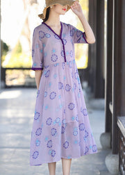 Vintage Purple V Neck Print Patchwork Wrinkled Cotton Dress Two Pieces Set Summer
