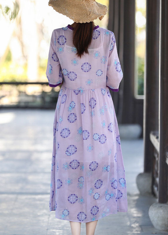 Vintage Purple V Neck Print Patchwork Wrinkled Cotton Dress Two Pieces Set Summer