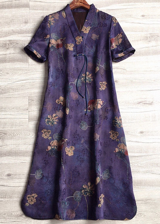 Vintage Purple V Neck Slim Fit Tassel Print Silk Dresses Short Sleeve
