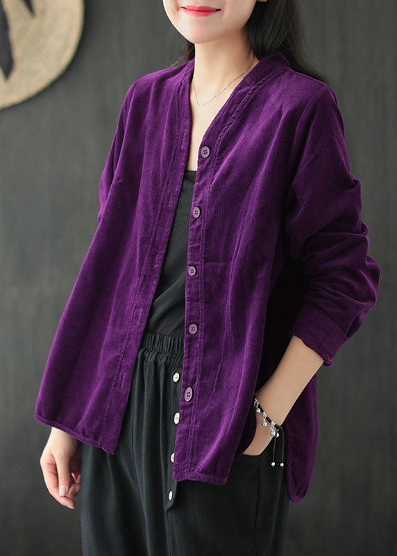 Vintage Purple V Neck Solid Color Button Corduroy Shirt Tops Long Sleeve