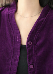 Vintage lila V-Ausschnitt einfarbig Knopf Cord Shirt Tops Langarm