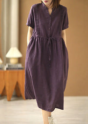 Vintage Purple V Neck Wrinkled Tie Waist Linen Long Dresses Short Sleeve