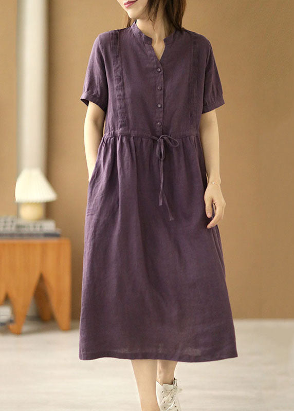 Vintage Purple V Neck Wrinkled Tie Waist Linen Long Dresses Short Sleeve
