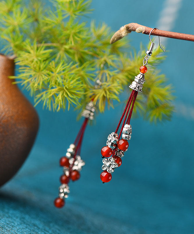 Vintage Red Agate Beads Silver Flower Drop Earrings